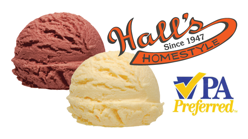 Hall's Homestyle ice cream scoops with Hall's Since 1947 logo and PA Preferred badge